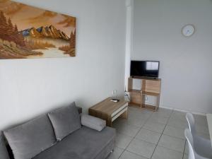 ein Wohnzimmer mit einem Sofa und einem TV in der Unterkunft By the sea with great view luxury in Siviri