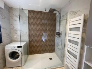 een badkamer met douche en wasmachine bij Le Mont-Veyrier, parking et vue in Annecy +29 foto's
