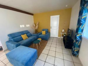 a living room with a blue couch and a tv at Aux Lauriers d'Adhémar in La Garde-Adhémar