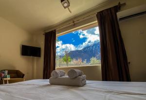 Dumani Nagar Hotel & Resort في هنزه: غرفة نوم مع نافذة كبيرة مع مناشف على سرير