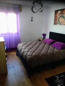 um quarto com uma cama com lençóis roxos e uma janela em Vivienda uso turistico con WiFi em Villarcayo de Merindad de Castilla la Vieja