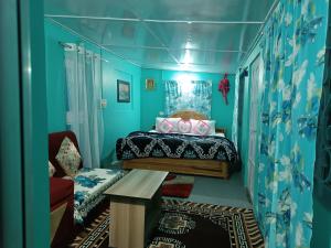 um quarto azul com uma cama e um banco em Pradhan Homestay Mirik - Homestay beside Mirik Lake em Mirik