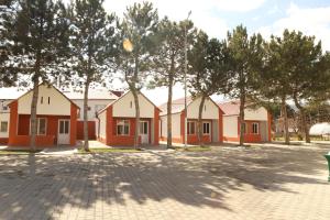 a row of houses with trees in a courtyard at Aventus Hotel in Akhaltsikhe