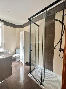 a bathroom with a glass shower and a toilet at LA ISLA DE PEREZ GALDOS in Logroño