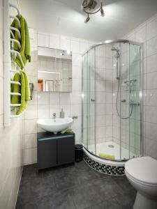a bathroom with a shower and a sink and a toilet at Ferienwohnung Ginsterberg in Traben-Trarbach