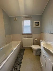 a bathroom with a tub and a toilet and a sink at Getaway Lodge in Ilfracombe