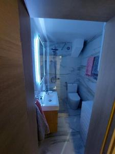 La salle de bains est pourvue d'un lavabo et de toilettes. dans l'établissement Matej LUX Apartment, à Skopje