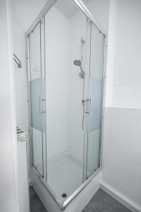 a shower with a glass door in a bathroom at Kleine, ruhig gelegene Ferienwohnung in Plauen in Plauen