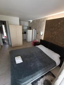 a bedroom with a large bed and a kitchen at Azalea Garden Apartment With Mountain View in Kremasti
