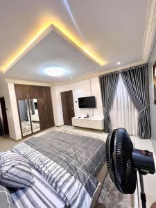 um quarto com uma cama grande e uma televisão em Bee-City Homes em Abuja