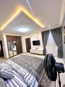 a bedroom with a large bed and a tv at Bee-City Homes in Abuja