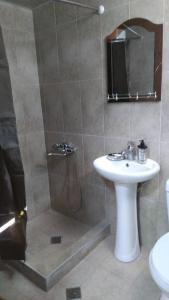 y baño con ducha y lavamanos. en Cozy cottage near Tbilisi, en Kubriantkari