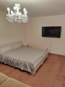 a bedroom with a bed and a chandelier at Pozlovice225 in Pozlovice