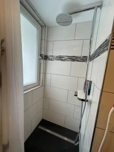 niewielka łazienka z prysznicem i oknem w obiekcie Schöne Wohnung in Unterterzen am schönen Walensee w mieście Unterterzen