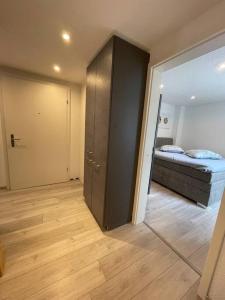 Zimmer mit einem Schlafzimmer mit einem Bett und einem Schrank in der Unterkunft Schöne Wohnung in Unterterzen am schönen Walensee in Unterterzen