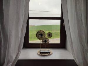 a window with two wind turbines on a window sill at Le Floyon (avec piscine) in Florennes