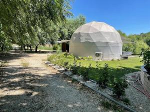 une grande tente en forme de dôme dans un champ avec des plantes dans l'établissement DOMEGLAMPING at FISHINGLAKE, à Ságvár