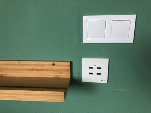 a green wall with a light switch and a light socket at DOMEGLAMPING at FISHINGLAKE in Ságvár