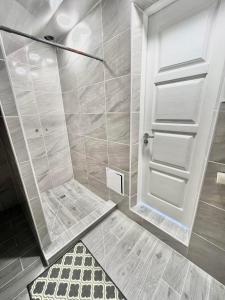 a bathroom with a shower with a white door at AGUONA ROYAL OASIS in Molėtai