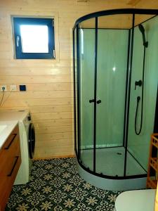 a glass shower in a bathroom with a sink at Domek pod Ostoją Góry Sowie in Łomnica