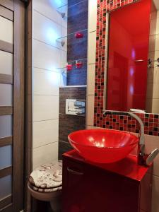 Apartament Arena في زغورزيليك: حمام مع حوض احمر ومرآة
