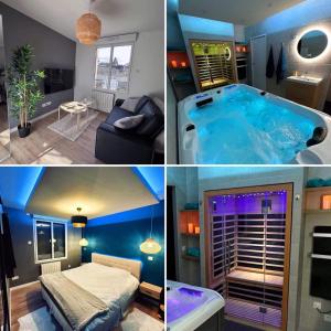 a collage of four pictures of a room with a tub at Escapade Relaxante - Spa - Jacuzzi - Sauna - Privés in LʼIsle-Adam