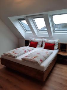 a bed with two red pillows in a room with windows at Apartments Brunnmeisterhof in Salzburg