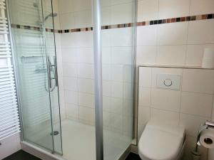 a bathroom with a toilet and a glass shower at Villa Hubertus in Feldberg