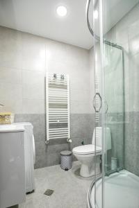 a bathroom with a toilet and a glass shower at Apartment Dafni in Sandanski