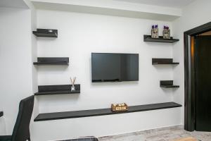 a living room with a tv on a white wall at Apartment Dafni in Sandanski