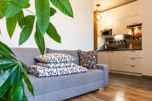 a living room with a couch and a kitchen at ENERGYLANDIA Zator Apartament Asia in Zator