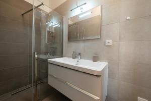ein Bad mit einem Waschbecken, einem Spiegel und einer Dusche in der Unterkunft New apartments near Dancing house in Prag