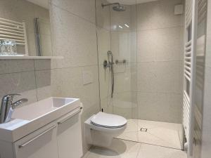 La salle de bains est pourvue d'une douche, de toilettes et d'un lavabo. dans l'établissement Penzion Pibernik, à Bled