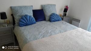 カネ・アン・ルシヨンにあるAppartement vue Mer et Port Canet en Roussillonのベッドルーム1室(青い枕のベッド1台付)