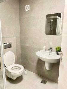 a bathroom with a toilet and a sink at Bright Scandi Apartment in Skopje