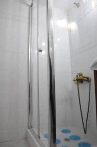 um chuveiro com uma porta de vidro na casa de banho em ALBATROS em Loutraki