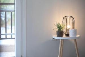 een tafel met een plant en een lamp erop bij Matina's apartment in Póros