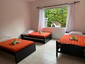 - 3 lits dans une chambre avec fenêtre dans l'établissement Casa Campestre Sol Naciente, à La Tebaida