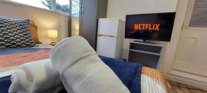 ein Schlafzimmer mit einem Bett, einem TV und einem Sofa in der Unterkunft Edelweiss House in Great Barr