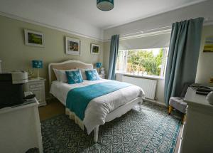 a bedroom with a bed with blue pillows and a window at Halwell Lodge in St Ives