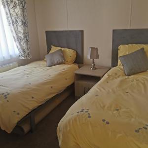 a bedroom with two beds and a table with a lamp at Homeston Lodge in Drumlemble