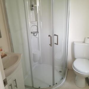 a bathroom with a shower with a toilet and a sink at Homeston Lodge in Drumlemble +17 photos