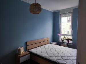 - une chambre bleue avec un lit et une fenêtre dans l'établissement Milville, à Belgrade