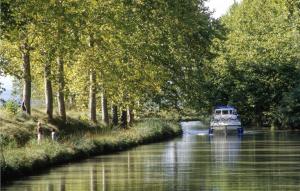 ein Boot, das durch einen Fluss mit Bäumen fährt in der Unterkunft 1 Bedroom Gorgeous Home In Capestang in Capestang