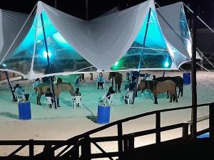 a group of people and horses under a tent at Estância EK in Franca