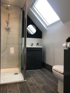een badkamer met een douche, een toilet en een dakraam bij Beautiful Totnes home with parking in Totnes