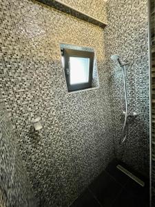 a bathroom with a shower with a window in it at Dany Studio in Eforie Nord
