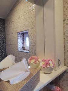 a bathroom with two bowls of flowers on a shelf at Jelly Apartment in Visoko +50 photos