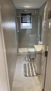 een badkamer met een douche, een wastafel en een toilet bij 2 bedroom apartment in Londen