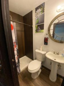 ein Badezimmer mit einem WC, einem Waschbecken und einem Spiegel in der Unterkunft Wynwood Asia Nights, Tokyo Drift. in Miami